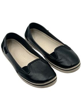 Crocs Hover Leather Loafer Slip On Flats Black Pebbled Comfort Women’s Size 10